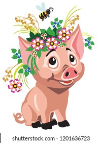 piglet wearing wreath of flowers .Cartoon baby pig .Isolated vector illustration for little kids