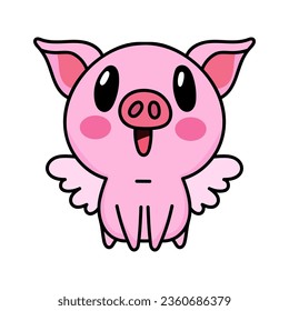 Piglet with wings in kawaii style - hand drawn vector illustration. Flat color design.