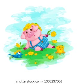 A piglet in a wreath of yellow flowers and funny birds are sitting on the spring lawn.