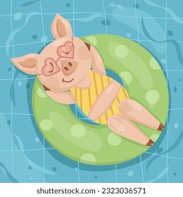 Piglet in a yellow swimsuit on an inflatable circle in the pool