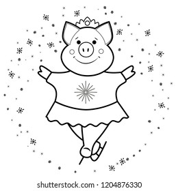 Piglet-on skates dancing figure skater. Winter sports on ice. Surrounded by hand-drawn snowflakes. Outline style. Coloring for kids. Isolated on white background. Vector illustration.