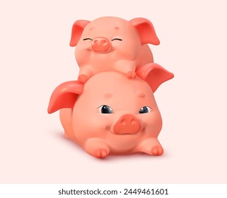 Piglets. Cheerful, cute, little pigs lie together. 3d rendering style. Vector illustration