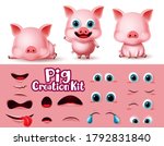 Pigs animal characters creation vector set. Pig animals character eyes and mouth editable create kit in cute expression and emotion for piggy piglet cartoon collection design. Vector illustration