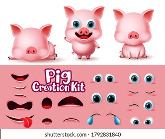 Pigs animal characters creation vector set. Pig animals character eyes and mouth editable create kit in cute expression and emotion for piggy piglet cartoon collection design. Vector illustration