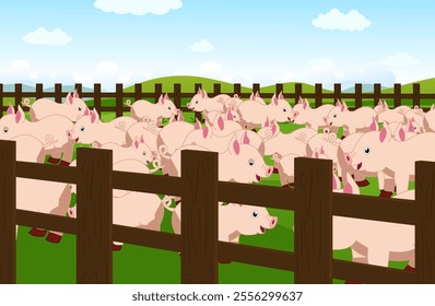 Pigs Animal Farm background vector, Cartoon farmland background, wooden fence, green field illustration