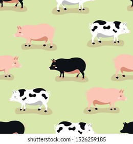 Pigs animals vector seamless pattern on green background. Concept for pint, textile, cards, web design