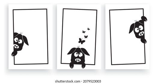 Pigs behind frame picture, vector. Funny pig silhouette cartoon illustrations. Cute childish wall decals isolated on white background. Cartoon character art design. Wall art, artwork