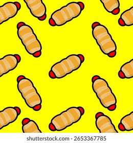 Porcos em cobertores ou mini hotdogs Fundo de padrão sem emenda no fundo amarelo, fundo abstrato Padrão sem emenda.