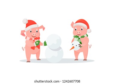Pigs building snowman, New Year or Christmas. Animals in hats and mittens with scarf, winter holidays and outdoor activity, friendship vector illustration