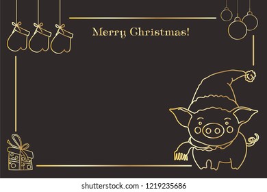 Pigs in a cap with gifts and Christmas balls. Christmas illustration with a congratulation.