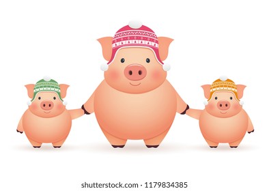 Pigs in caps on white background. Chinese New Year of the Pig. 