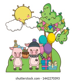 Pigs cartoons with happy birthday icon design