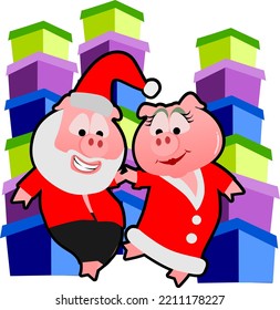 Pigs in Christmas clothes dancing hand in hand in front of gifts.