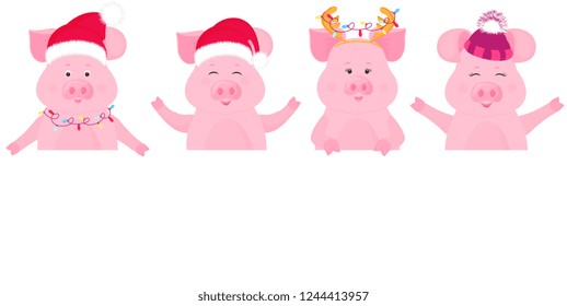 Pigs in Christmas costumes keep blank banner. Santa Claus hat, cap with furry hat.