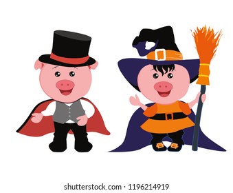 Pigs in the costume of Count Dracula and the Witch. Halloween. Vector illustration.