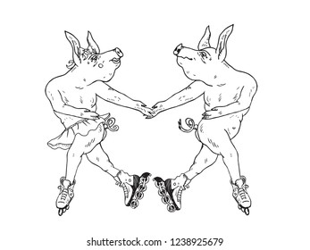 Pigs couple dancing in roller skates, hand drawn doodle, sketch, vector outline illustration