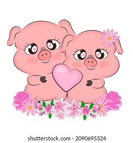 pigs couple in love cute illustration of pigs with flowers for valentine's day card textile print packaging decoration t-shirt print love childrens illustration Vector illustration