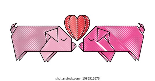 pigs couple origami paper with heart