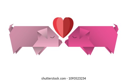 pigs couple origami paper with heart