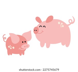 Pigs. Cute cartoon pigs, adult pig and piglet. Farm animals. Perfect for kids, prints and posters. Vector hand draw illustration isolated on the white background. 