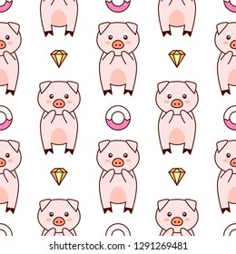 Pigs cute cartoon pattern, kawaii vector illustration,  isolated on white background