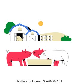 Pigs Eating From Trough With Farmhouse In Background In Flat Vector Illustration Symbolizing Farming, Agriculture, And Animal Husbandry, Isolated On White Background.