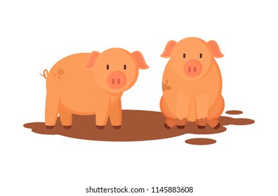 Pigs farm animals closeup. Pig-farm pink mammals in dirt, piglet breeding. Piggy in rural area, swine in dirty ground isolated on vector illustration