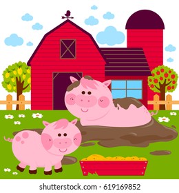 Pigs at the farm playing in a mud puddle. Vector illustration