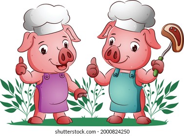 The pigs are giving the thumb up and holding the meat with the fork of illustration
