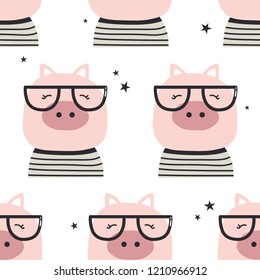 Pigs with glasses, stars, hand drawn backdrop. Colorful seamless pattern with muzzles of animals. Decorative cute wallpaper, good for printing. Overlapping colored background vector