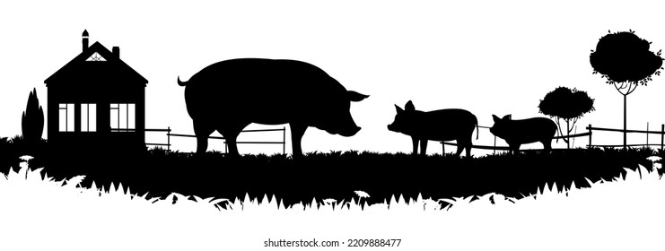 Los cerdos pastan en pastos. Silueta de imagen. Mascotas de granja. Paisaje rural con casa de campo. Animales para carne y grasa. Aislado sobre fondo blanco. Vector.