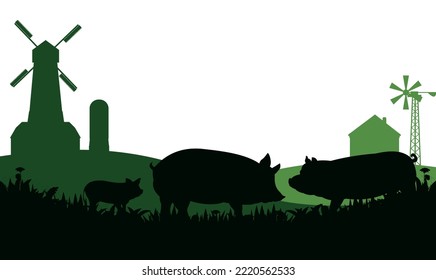 Pigs graze in pasture. Picture silhouette. Farm pets. Rural landscape with farmer house. Animals for meat and fat. Isolated on white background. Vector.