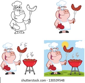 Pigs Grilling Sausage on Barbecue. Vector Collection