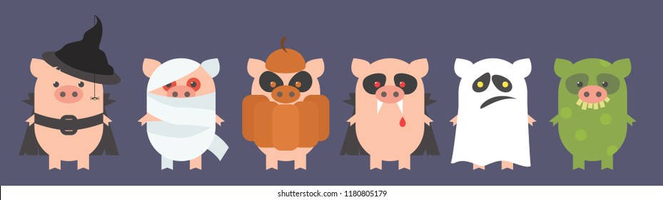 Pigs for Halloween. Pigs in the costumes of a witch, a dracula, a mummy, a ghost, a troll, a pumpkin. Cartoon Vector