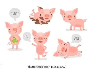 Pigs hand drawn style, cute funny characters. Cartoon set with different emotions and poses. Vector illustration.