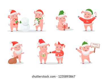 Pigs in hats and sweaters, New Year and Christmas winter holidays. Piglets building snowman and gifts, Santa costume and cane candy vector illustrations