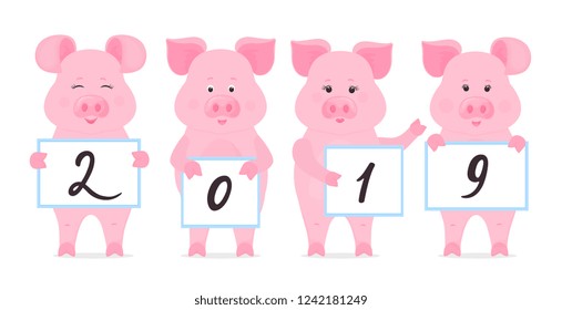 Pigs are holding signs with numbers 2019. Chinese New Year.