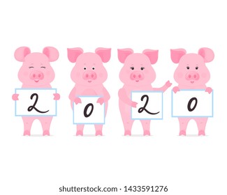 Pigs are holding signs with numbers 2020. Chinese New Year.