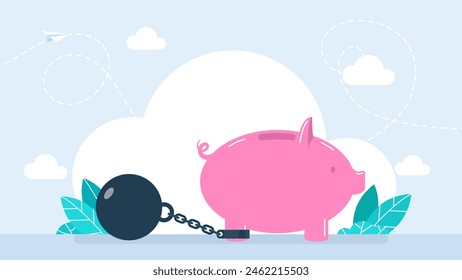 The pig's leg is chained. Piggy bank trying to go with a huge weight of debt chained to his leg. Concept of debt, credit, slavery, arrest, burden, sanction. Flat style vector illustration