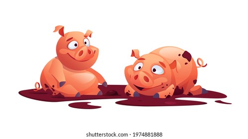 Pigs livestock animals playing in mud isolated cartoon piglets. Vector swine piggy farming agriculture animal, childish kids design. Domestic country farmland or ranch small snout or pink hog