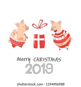 Pigs look at the gift and rejoice. The pig is a symbol of Chinese 2019. Christmas card or banner. Vector illustration of year of the Yellow Pig