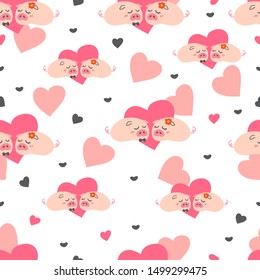 Pigs in Love Funny Vector Cartoon White Color Background Seamless Pattern
