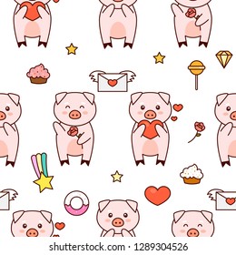 Pigs in love with hearts cartoon pattern, kawaii vector illustration,  isolated on white background