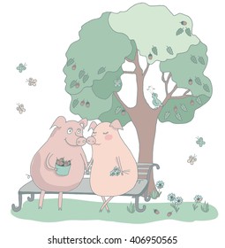 Pigs in love sit on a bench and hold hands. The birdie sits on a tree and sings it the song. A lovely illustration about love and friendship in cartoon style.