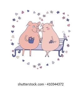 Pigs in love sit on a bench and hold hands. The boy pig holds in hand acorns, and the girl - flowers. Around a heart from butterflies and hearts. A lovely illustration in cartoon style.