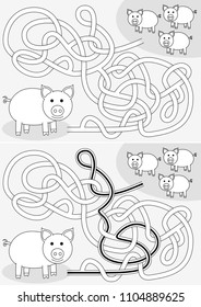 Pigs maze for kids with a solution in black and white