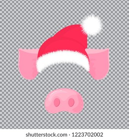 Pig's nose and ears. Santa Claus hat. Carnival mask for the New Year 2019.