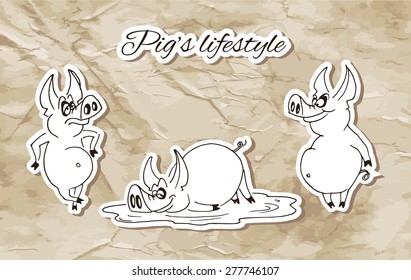 Pigs on the old paper background.
