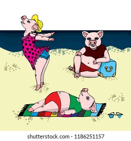 Pigs on vacation. Relax on the beach. Three pigs