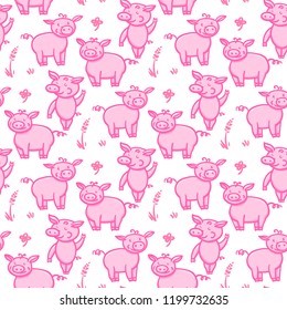 Pigs pink cute doodle pencil hand drawing. Seamless pattern. Inscription Happy New Year. Chinese year sign 2019. Vector illustration isolated on white background.